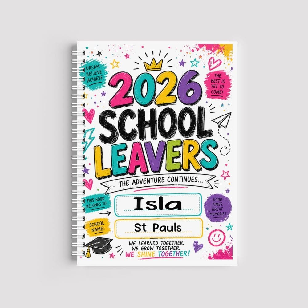 Colourful personalised 2026 school leavers eco-friendly spiral notebook with custom name and school details