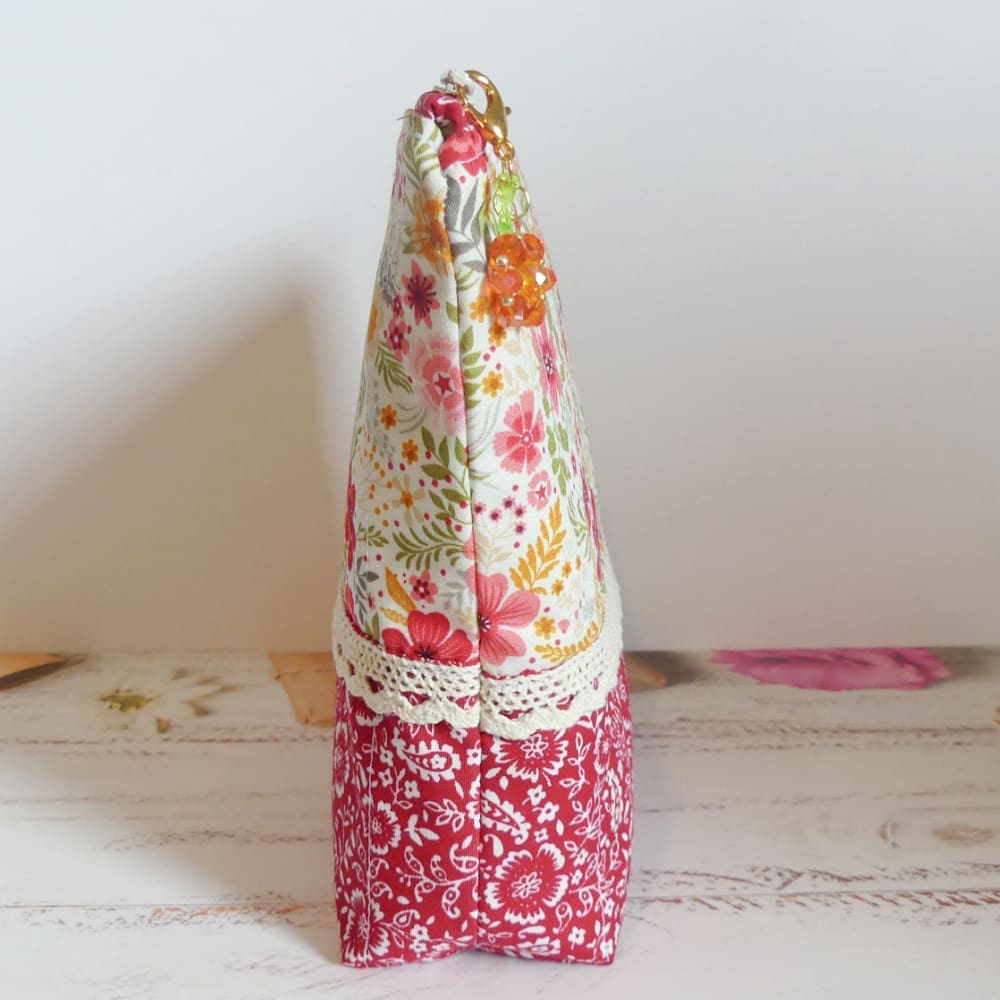Quilted Make-up or Toiletries Bag in Red Yellow and Pink Floral Cotton - Image 8