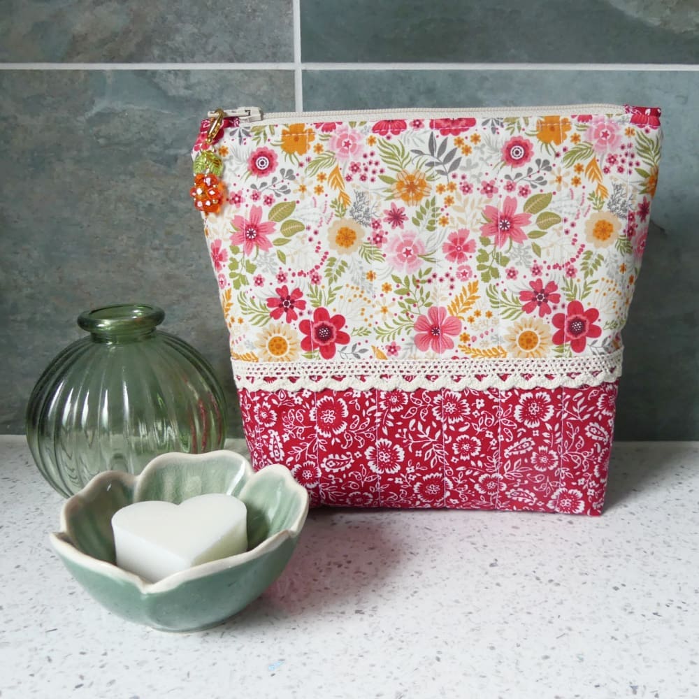 Quilted Make-up or Toiletries Bag in Red Yellow and Pink Floral Cotton - Image 9