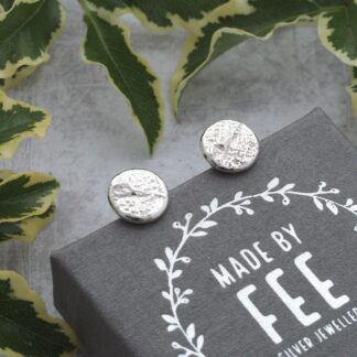 9.5mm diameter argentium sterling silver slate textured stepping stone pebble disc stud earrings shown on Made By Fee branded jewellery box